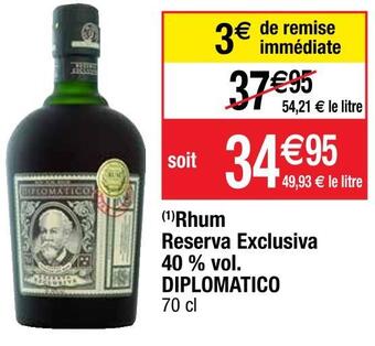 Cora x Carrefour Diplomatico rhum reserva exclusiva 40 % vol. offre