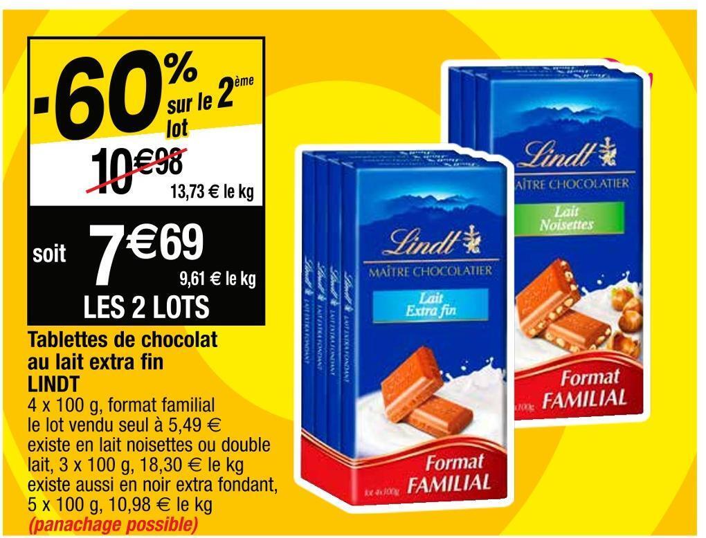 Cora Lindt tablettes de chocolat au lait extra fin offre