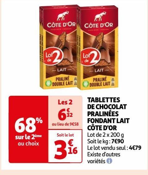 Auchan Ablettes de chocolat pralinées fondant lait côte d'or offre