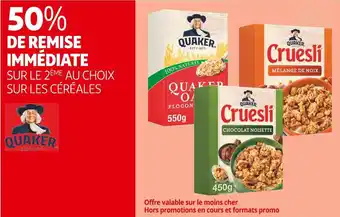 Auchan Supermarché Quaker 50% de remise immédiate sur le 2ème au choix sur les céréales quaker offre