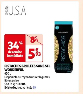 Auchan Wonderful pistaches grillées sans sel offre