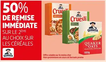 Quaker 50% de remise immédiate sur le 2ème au choix sur les céréale quaker