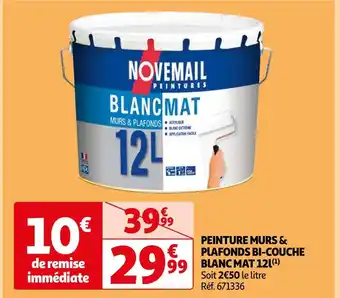 Auchan Novemail peinture murs & plafonds bi-couche blanc mat 12l offre