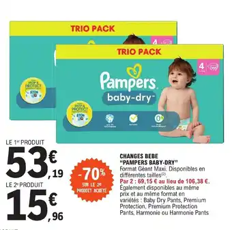 E.Leclerc CHANGES BEBE "PAMPERS BABY-DRY" Format Géant Maxi. Disponibles en différentes tailles (2). offre