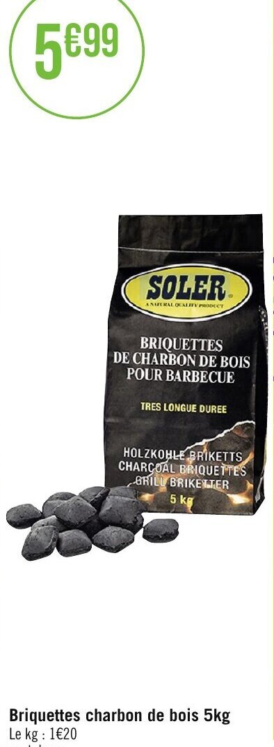 Géant Casino Briquettes charbon de bois 5kg Le kg: 1€20 offre