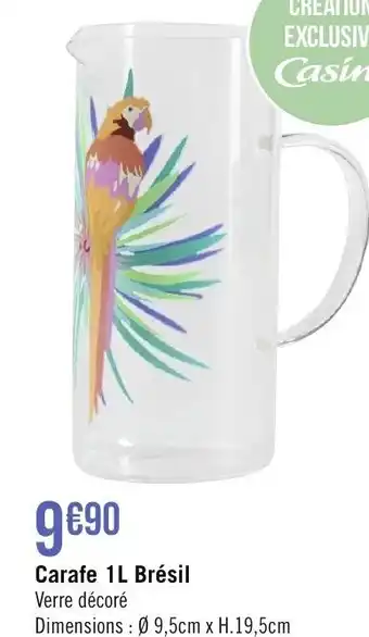 Géant Casino Carafe 1L Brésil Verre décoré Dimensions: Ø 9,5cm x H.19,5cm offre