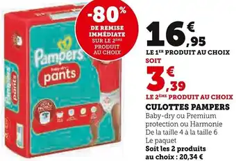 Super U CULOTTES PAMPERS Baby-dry ou Premium protection ou Harmonie De la taille 4 à la taille 6 Le paquet offre