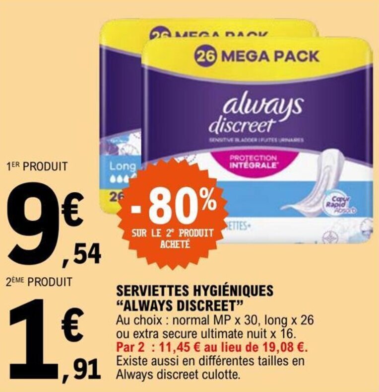 Promo SERVIETTES HYGIÉNIQUES "ALWAYS DISCREET" chez E.Leclerc
