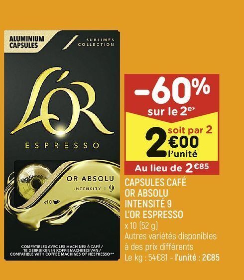 Leader Price Capsules café or absolu intensité 9 l’or espresso offre