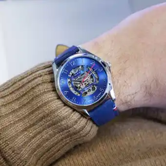 Maty Montre homme squelette automatique acier bracelet cuir bleu offre