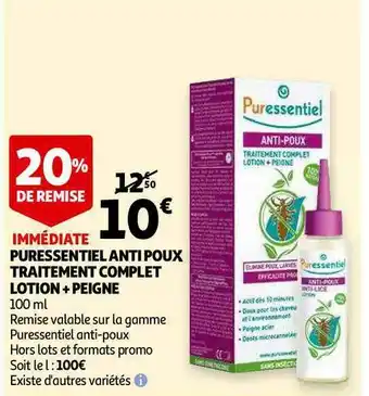 Auchan Puressentiel Anti Poux Traitement Complet Lotion + Peignes offre