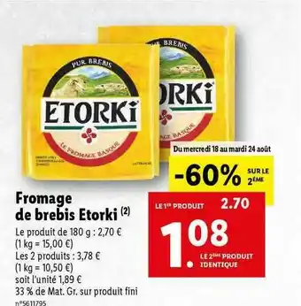 Lidl Fromage De Brebis Etorki offre