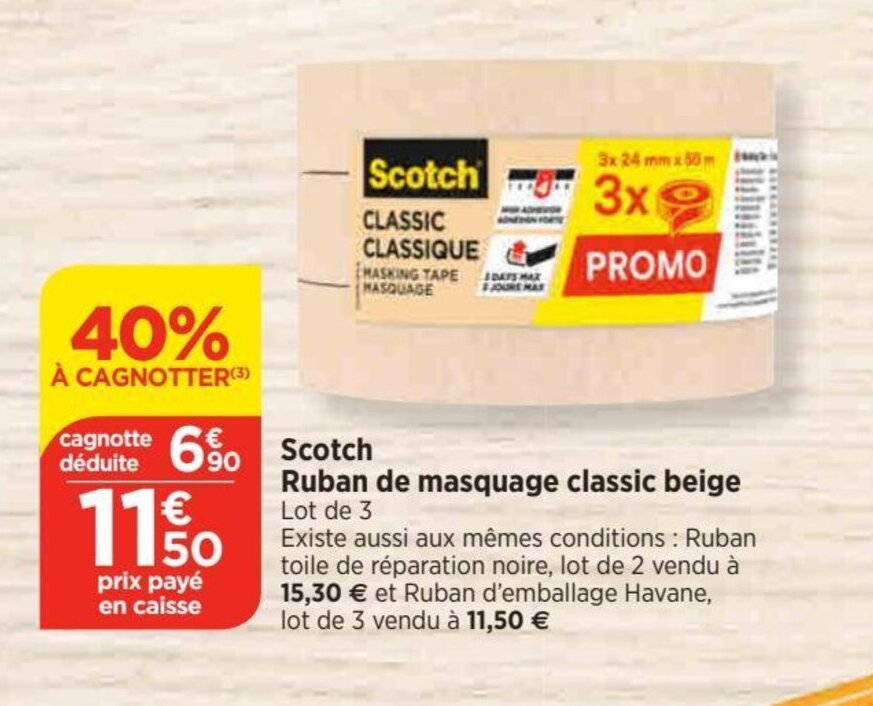 Bi1 Scotch Ruban de masquage classic beige Lot de 3 offre