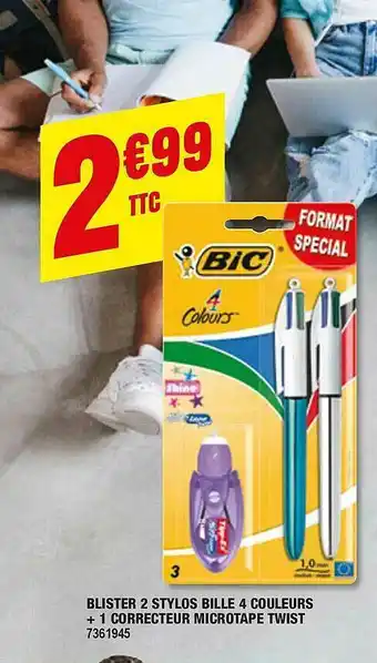 Plein ciel Blister 2 Stylos Bille 4 Couleurs + 1 Correcteur Microtape Twist offre
