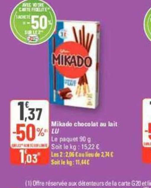 G20 Mikado chocolat au lait offre