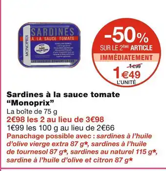 Monoprix Monoprix sardines à la sauce tomate offre