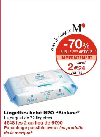 Monoprix Biolane lingettes bébé h2o offre