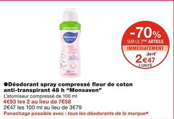 Monoprix Monsavon déodorant spray compressé fleur de coton anti-transpirant 48 h offre