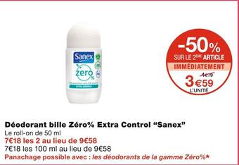 Monoprix Sanex déodorant bille zéro% extra control offre