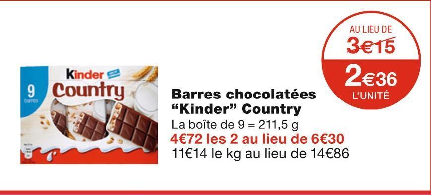Monoprix Kinder barres chocolatées country offre