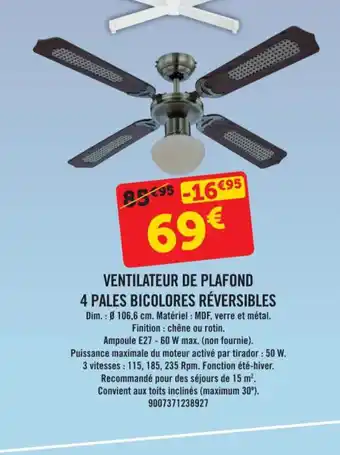 E.Leclerc VENTILATEUR DE PLAFOND 4 PALES BICOLORES RÉVERSIBLES offre