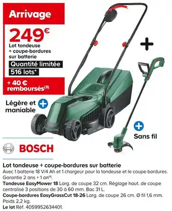 Castorama Bosch lot tondeuse + coupe-bordures sur batterie offre