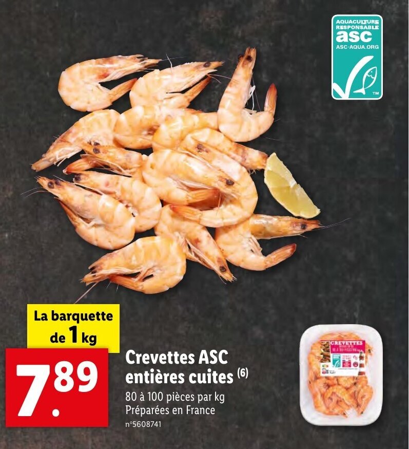 Lidl Crevettes ASC entières cuites offre