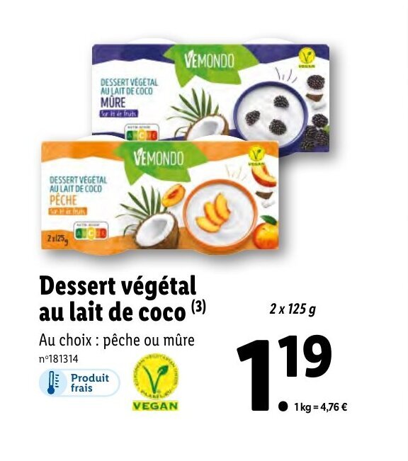 Lidl Dessert végétal au lait de coco offre
