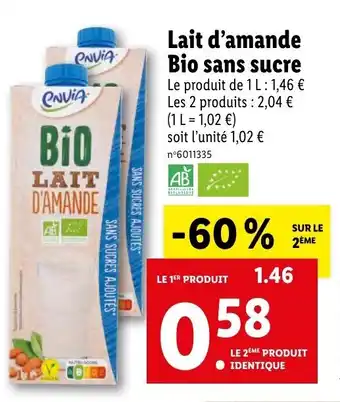 Lidl Lait d'amande Bio sans sucre offre
