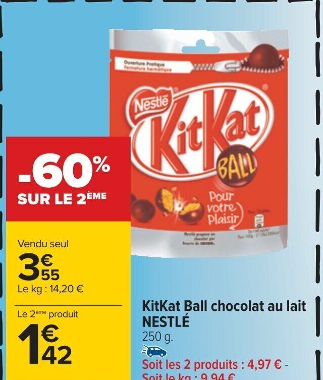 Promo KitKat Ball chocolat au lait NESTLÉ 250 g. chez Carrefour