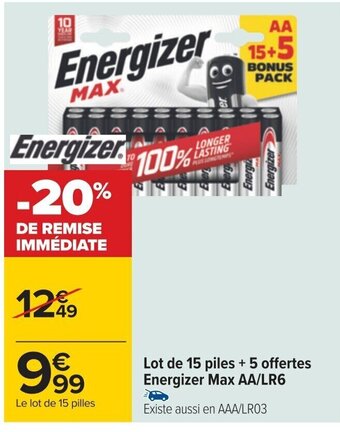 Carrefour Lot de 15 piles + 5 offertes Energizer Max AA/LR6 offre