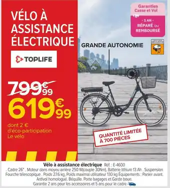 Carrefour Toplife vélo à assistance électrique offre
