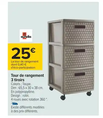 Carrefour Sundis tour de rangement 3 tiroirs offre