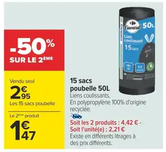Carrefour Les 15 sacs poubelle 50l offre
