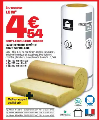 Brico Dépôt SOIT LE ROULEAU : 54€50 LAINE DE VERRE REVÊTUE KRAFT SUPRALAINE offre