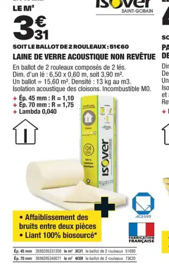 Brico Dépôt LAINE DE VERRE ACOUSTIQUE NON REVÊTUE offre