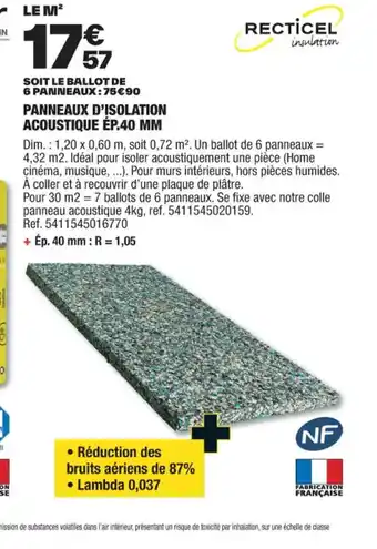 Brico Dépôt PANNEAUX D'ISOLATION ACOUSTIQUE ÉP.40 MM offre