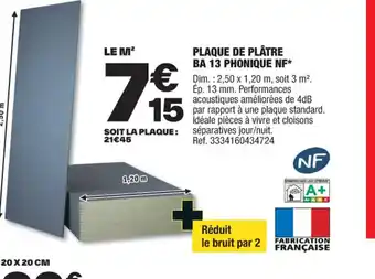 Brico Dépôt PLAQUE DE PLÂTRE BA 13 PHONIQUE NF* offre