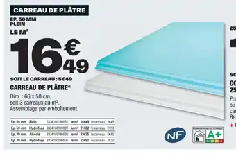 Brico Dépôt CARREAU DE PLÂTRE ÉP. 50 MM PLEIN LE M² offre