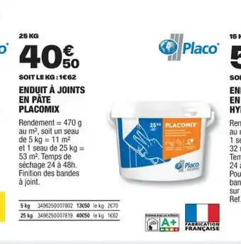 Brico Dépôt SOIT LE KG:1€62 ENDUIT À JOINTS EN PÂTE PLACOMIX offre