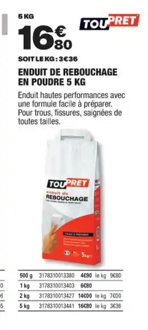 Brico Dépôt SOIT LE KG:3€36 ENDUIT DE REBOUCHAGE EN POUDRE 5 KG offre