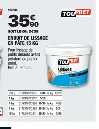 Brico Dépôt SOIT LE KG:2€39 ENDUIT DE LISSAGE EN PÂTE 15 KG offre
