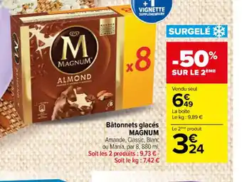 Bâtonnets glacés MAGNUM Amande, Classic, Blanc ou Mania, par 8, 880 ml. Soit les 2 produits: 9,73 € - Soit le kg : 7,42 €
