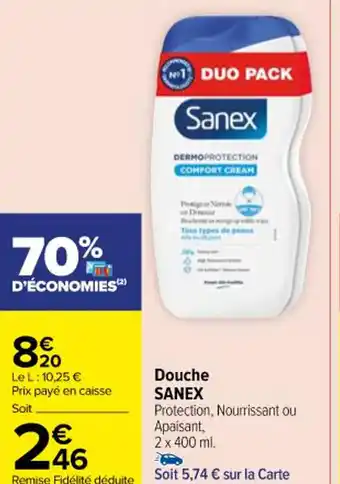 Carrefour Market Douche SANEX Protection, Nourrissant ou Apaisant, 2 x 400 ml. offre