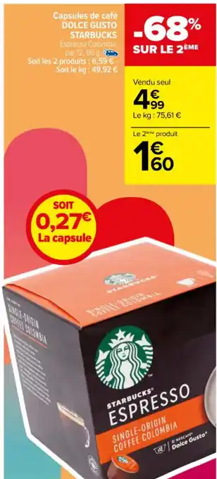 Carrefour Capsules de café DOLCE GUSTO STARBUCKS Espresso Colombia. par 12, 66 g offre