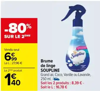Carrefour Brume de linge SOUPLINE Grand air, Coco, Vanille ou Lavande, 250 ml. offre