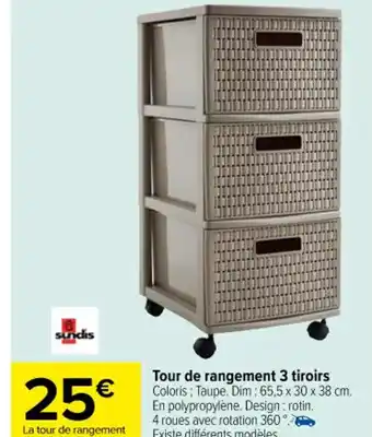 Carrefour Tour de rangement 3 tiroirs Coloris; offre
