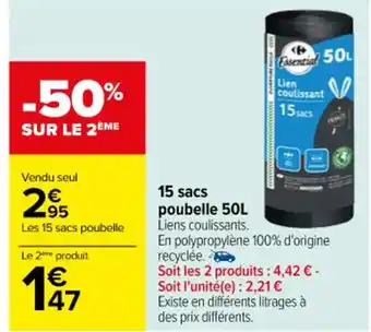 Carrefour 15 sacs poubelle 50L offre
