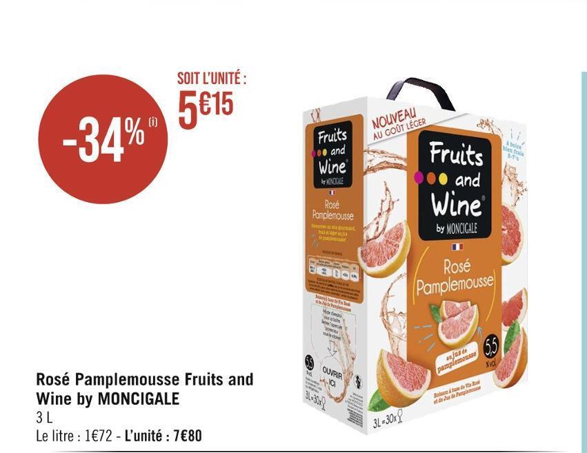 Promo Moncigale rosé pamplemousse fruits and wine chez Casino Hyperfrais