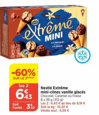 Bi1 Nestlé Extrême mini-cônes vanille glacés Chocolat, Caramel ou Fraise 8 x 39 g (312 g) offre